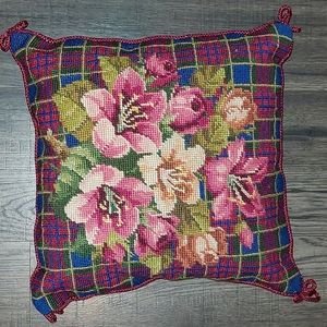 Lilian Vernon Floral Plaid Needle Point Pillow